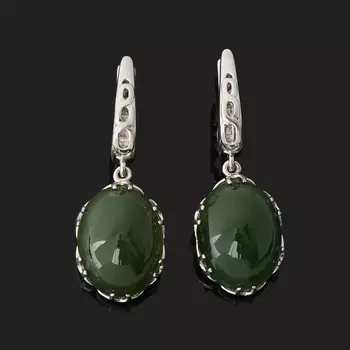 Серьги нефрит зеленый (серебро 925 пр. родир. бел.)