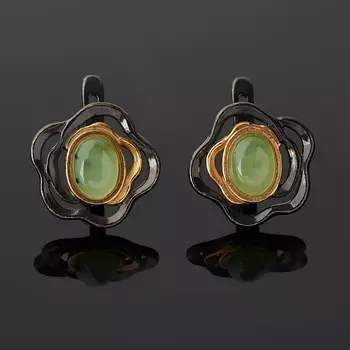 Серьги нефрит зеленый (серебро 925 пр. позолота, родир. черн.)