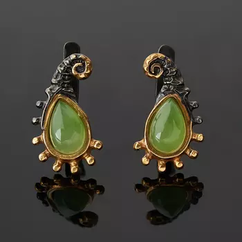 Серьги нефрит зеленый (серебро 925 пр. позолота, родир. черн.)