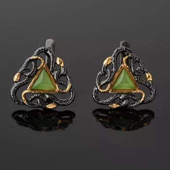 Серьги нефрит зеленый (серебро 925 пр. позолота, родир. черн.)