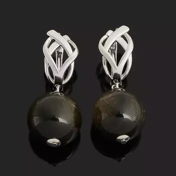 Серьги обсидиан золотистый (биж. сплав родир. бел.)