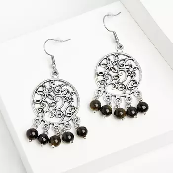 Серьги обсидиан золотистый (биж. сплав, сталь хир.)