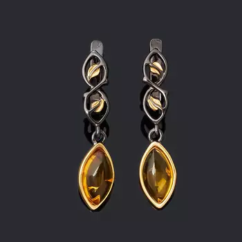 Серьги янтарь (серебро 925 пр. позолота, родир. черн.)