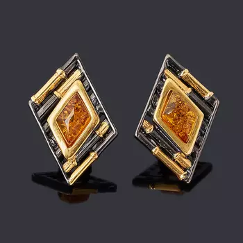 Серьги янтарь (серебро 925 пр. позолота, родир. черн.)