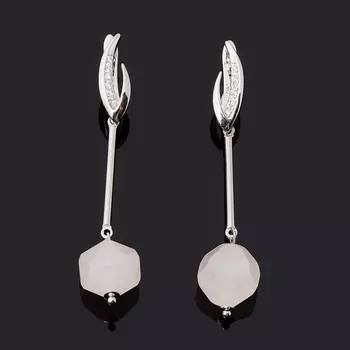 Серьги розовый кварц (биж. сплав родир. бел.) огранка