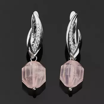 Серьги розовый кварц (биж. сплав родир. бел.) огранка