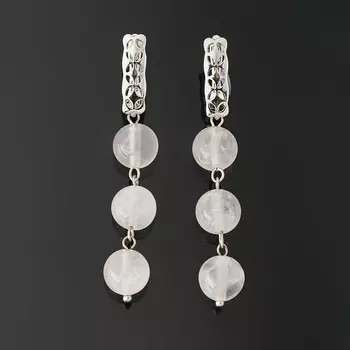 Серьги розовый кварц (биж. сплав родир. бел.)