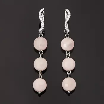 Серьги розовый кварц (биж. сплав родир. бел.) огранка