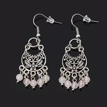 Серьги розовый кварц (биж. сплав, сталь хир.)