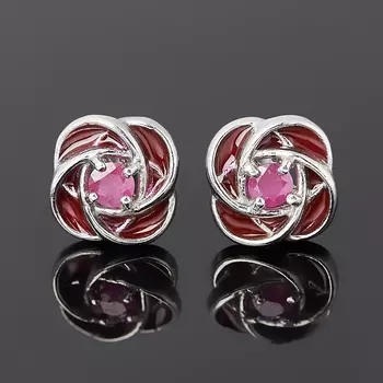 Серьги рубин (серебро 925 пр. родир. бел., эмаль) пуссеты огранка