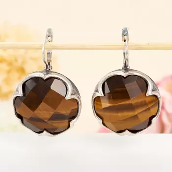 Серьги тигровый глаз огранка (серебро 925 пр.)