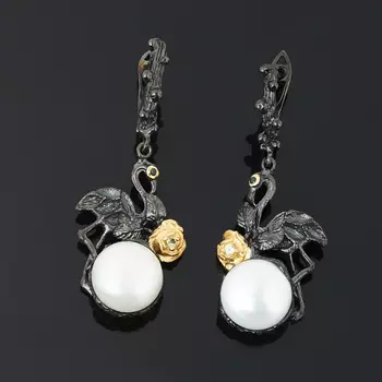 Серьги жемчуг белый (серебро 925 пр. позолота, родир. черн.)