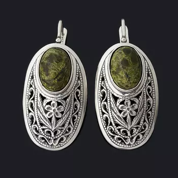 Серьги змеевик (серебро 925 пр. оксидир.)