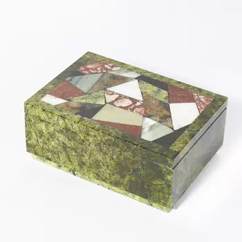 Шкатулка микс змеевик, офиокальцит, яшма 13,5х9,5х5,5 см