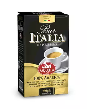 Кофе натуральный жареный молотый Bar Italia 100% Arabica SAQUELLA