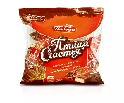 Конфеты вафельные с начинкой из тертого миндаля в сливочном шоколаде Птица счастья Победа Вкуса
