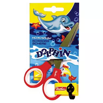 Ножницы детские 13см нерж. сталь с резинов. вставками серия Dolphin в инд.упак.с европодвесом Hatber