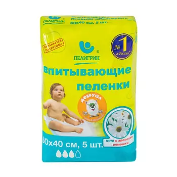 Пеленки впитывающие c ароматом ромашки 60х40см 5 шт Пелигрин