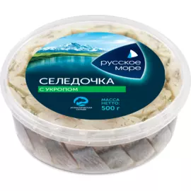 Сельдь филе-кусочки слабосоленая с укропом в масле Русское Море