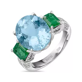 Кольцо c аквамарином, бриллиантами и изумрудами