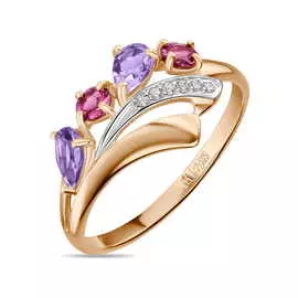 Кольцо c аметистами, родолитом и фианитами