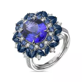 Кольцо c бриллиантами, цветными сапфирами, сапфирами и танзанитом