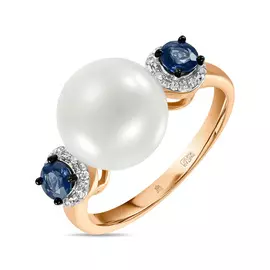 Кольцо c бриллиантами, жемчугом и сапфирами