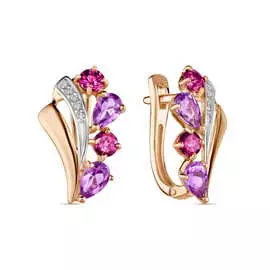 Серьги c аметистами, родолитом и фианитами