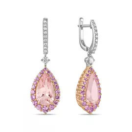 Серьги c бриллиантами, морганитами и сапфир цветнойами