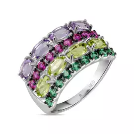 Серебряное кольцо c аметистами, хризолитами и фианитами