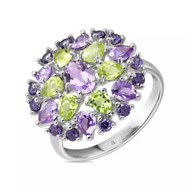 Серебряное кольцо c аметистом, хризолитами и фианитами