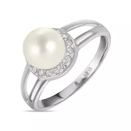 Серебряное кольцо c имитацией жемчуга и фианитами