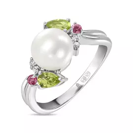 Серебряное кольцо c перидотами, жемчугом, топазом и фианитами