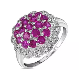 Серебряное кольцо c синтетический рубинами и фианитами