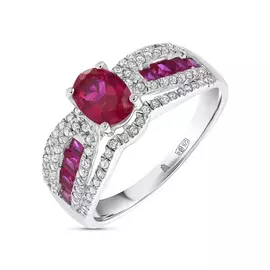 Серебряное кольцо c синтетический рубинами и фианитами