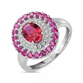 Серебряное кольцо c синтетический рубинами и фианитами
