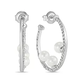 Серебряные Серьги c жемчугом и фианитами