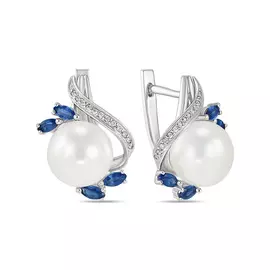 Серебряные Серьги c жемчугом, цветными сапфирами и фианитами