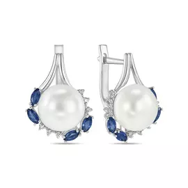 Серебряные серьги c жемчугом, сапфирами и фианитами