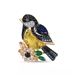 Золотая Брошь c агатами, эмалью, синтетический кварцом, выращенным сапфиром и фианитами