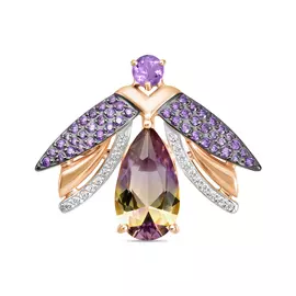 Золотая брошь c аметистом, наноситалом и фианитами