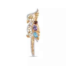 Золотая брошь c аметистом, топазом, гранатом, хризолитом и фианитами