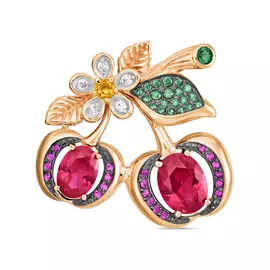 Золотая брошь c цитрином, синтетический рубинами и фианитами