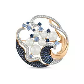 Золотая брошь c топазами, жемчугом и фианитами