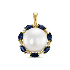 Золотая подвеска c бриллиантами, жемчугом и сапфирами