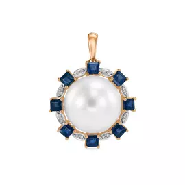 Золотая подвеска c бриллиантами, жемчугом и сапфирами