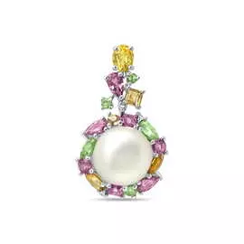 Золотая Подвеска c цитрином, бриллиантами, перидотами, жемчугом, цветными сапфирами и турмалином