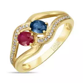 Золотое Кольцо c бриллиантами, рубином и сапфиром