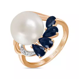 Золотое кольцо c бриллиантами, жемчугом и сапфирами