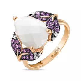 Золотое Кольцо c агатом, аметистами, бриллиантами и цветными сапфирами